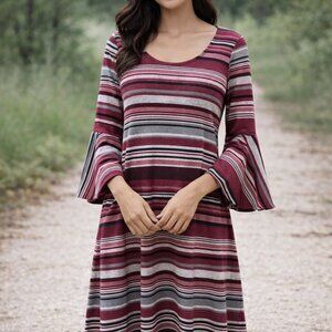 Womens Knit Dress L Dark Fairy Whimsigoth Stripe Bell Sleeve Y2K Hippie
